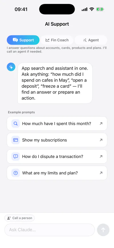 The copilot chat, with support, financial coach and agent modes
