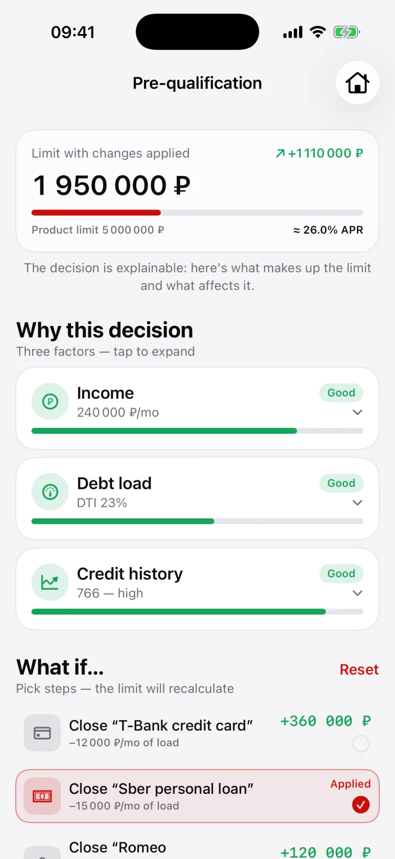 The credit screen: the limit at the top, the three factors behind it, and what-if steps that recount it.