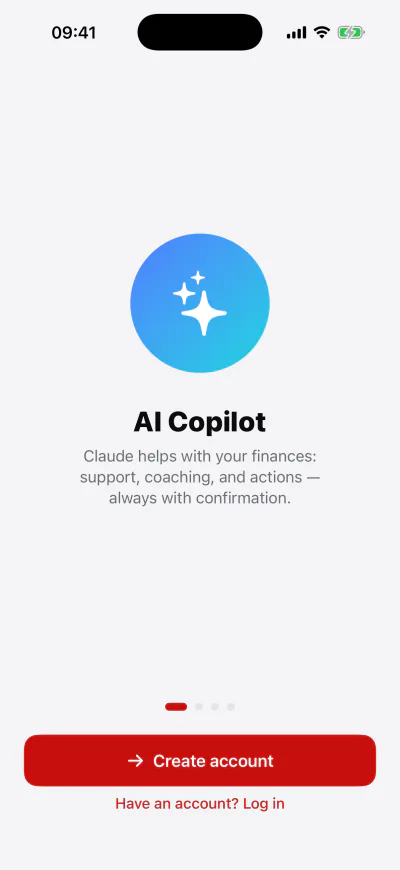 Onboarding screen: the AI copilot, which acts only with confirmation