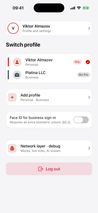 Profile switcher: a personal profile and a company profile under one identity