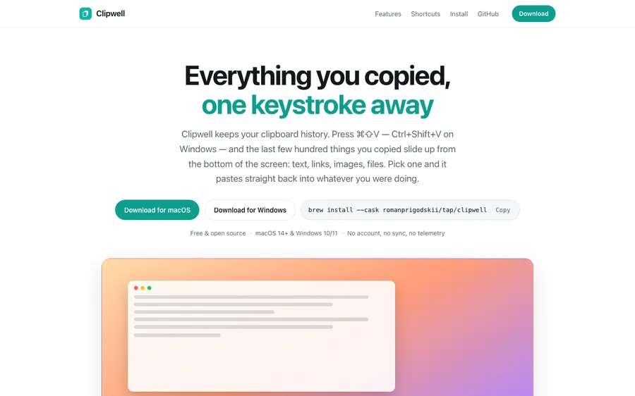 Clipwell product site: everything you copied, one keystroke away, with the Homebrew install command